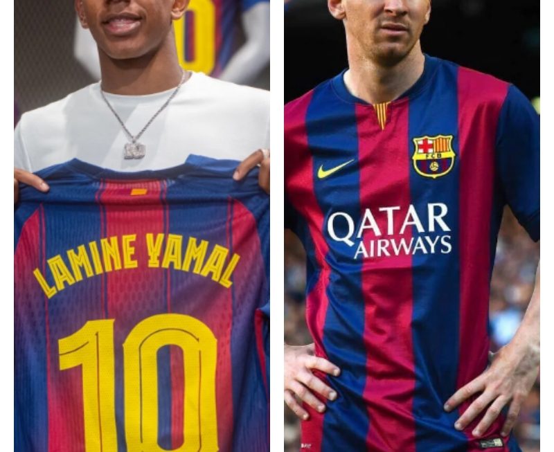 Vergelijking tussen Lamine Yamal shirt en klassiek Barcelona shirt met modern en traditioneel ontwerp naast elkaar